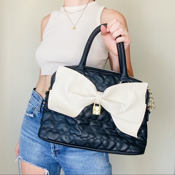 Betsey Johnson Handbags - Betsey Johnson Bow Quilted Satchel Crossbody Bag Black Hearts